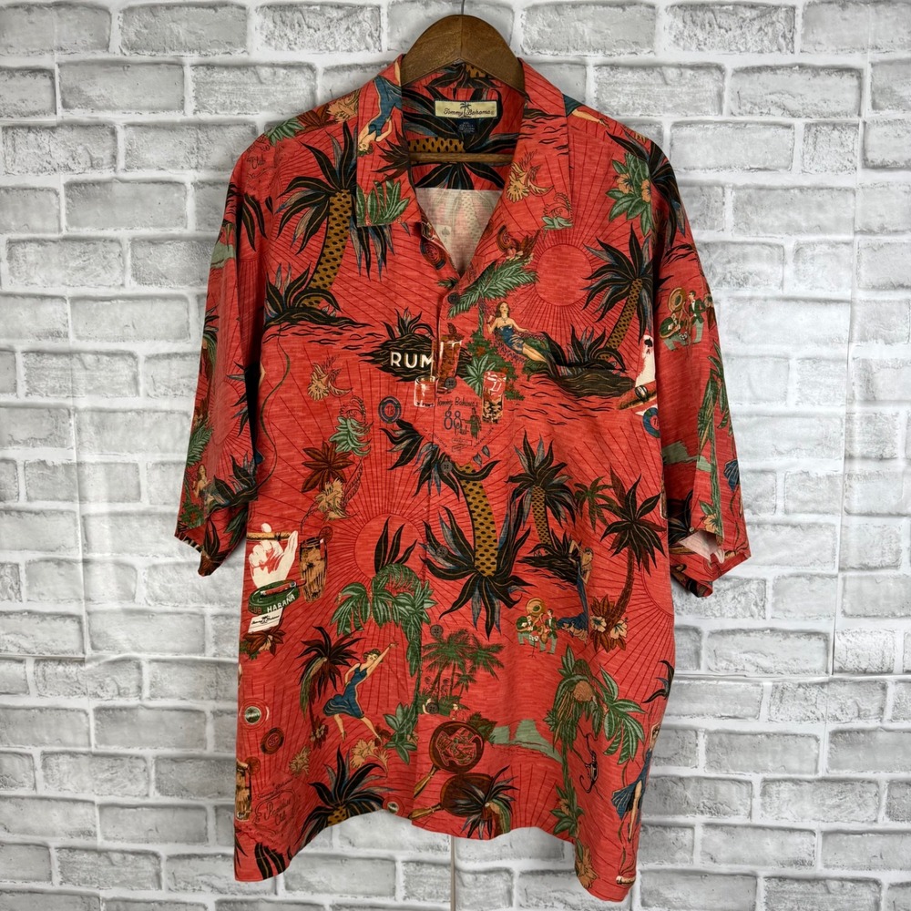Tommy Bahama Men XXL Red Silk Tropical Hula Rum Paradise Camp Shirt Short Sleeve